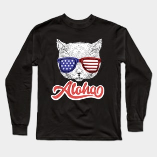 Cat Hawaiian Aloha Cat Lover Hawaii American Flag Long Sleeve T-Shirt